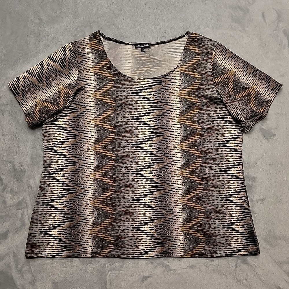Notations Shirt Womens 2X Brown Zig Zag Animal Print Scoop Neck Stretch eclectic